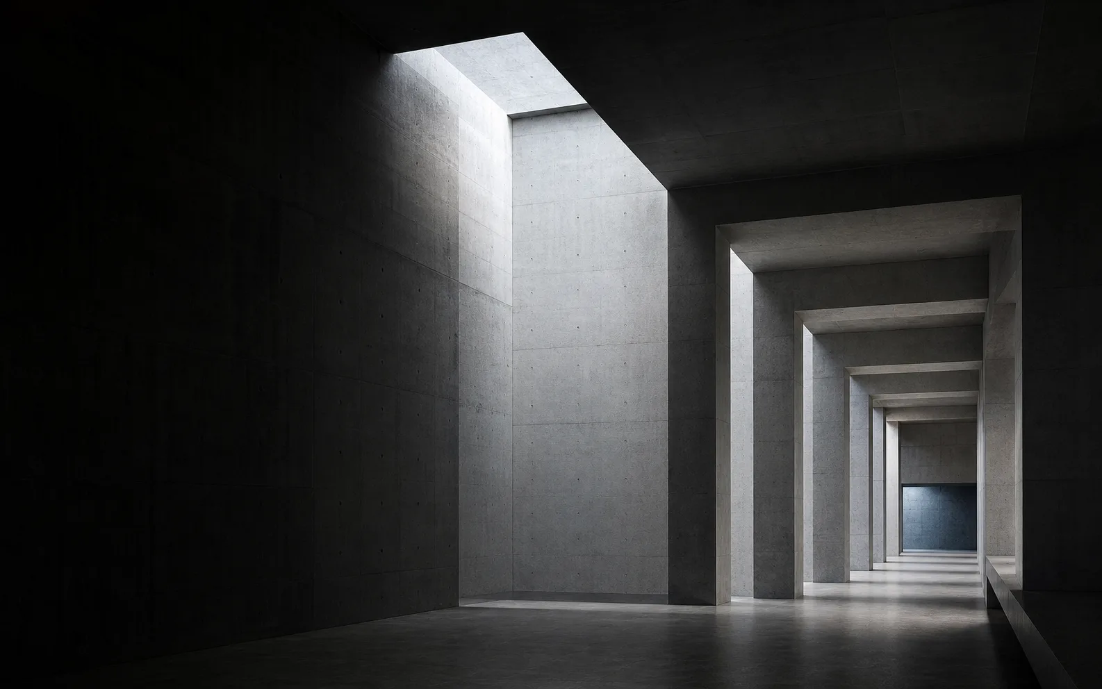 冷色光线穿过几何建筑空间